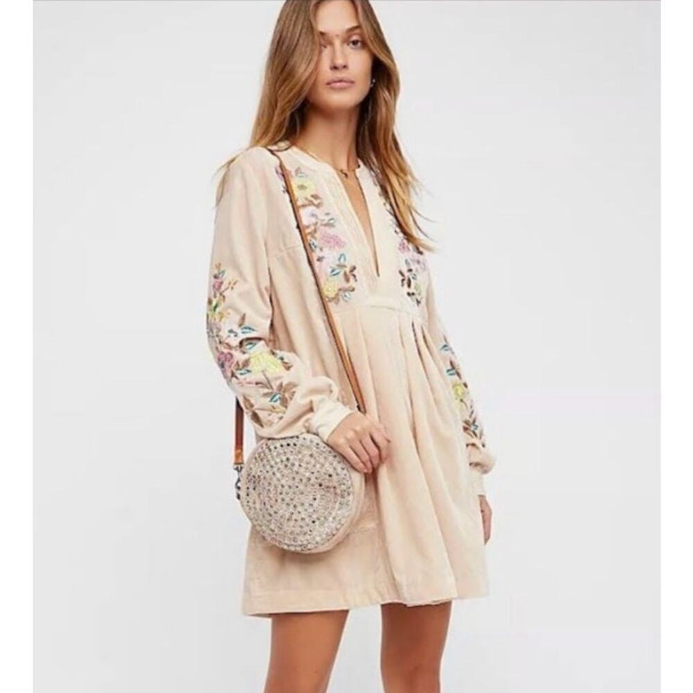 Free People Blush Beige Embroidered Mini Dress